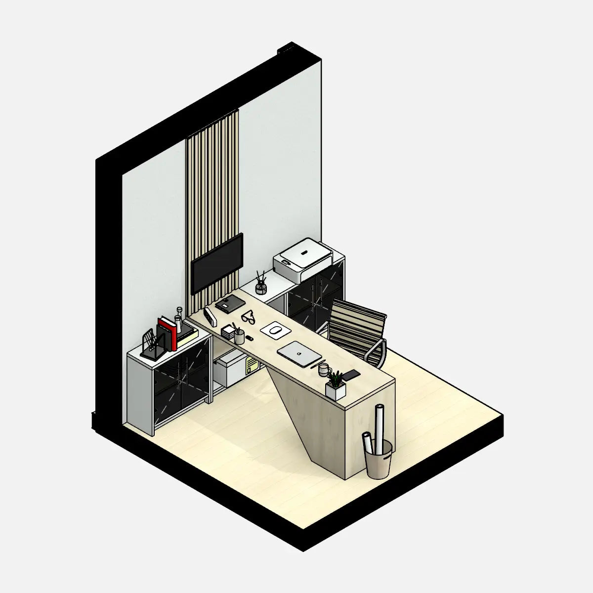 Real-world use example of a parametric Revit workstation family. Workstation plus office accessories. Realistic view.