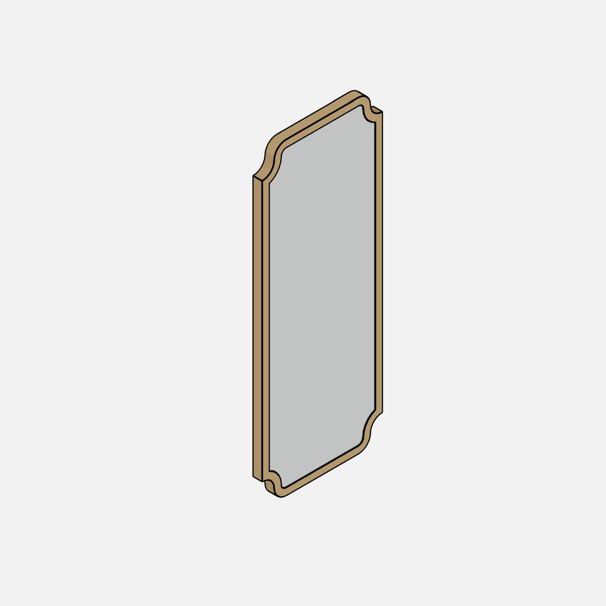 Parametric mirror with concave corners, shaded view with editable frame and glass materials.