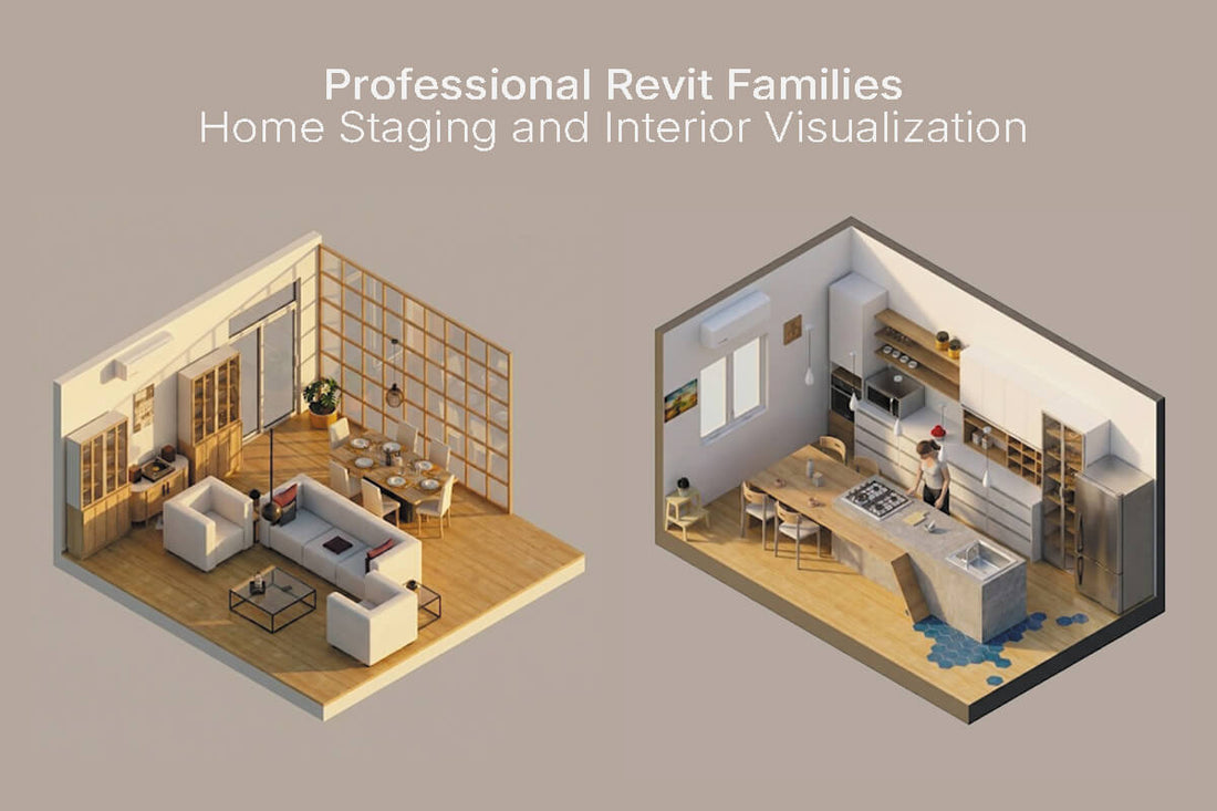 Living room and Kitchen interior render parametric Revit furniture staging