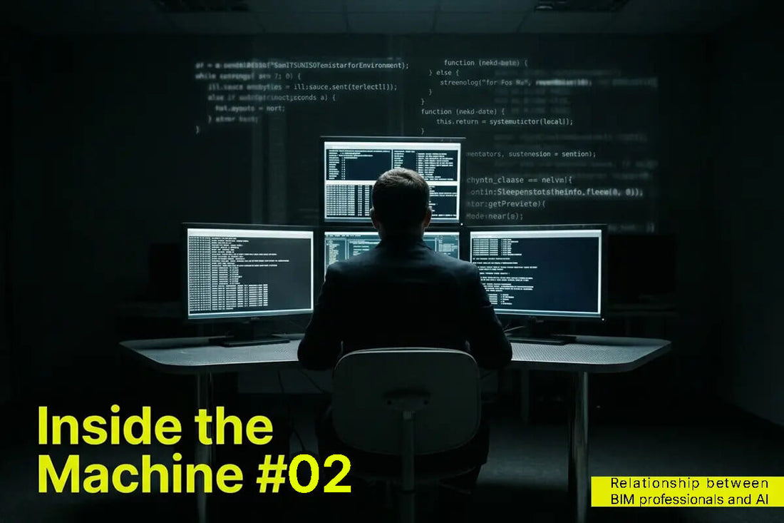 Human-AI interaction - User facing away from camera in dark office, and machine computing.