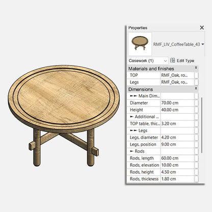 Preview of the free Revit Family package for a coffee table. Family extracted from the Coffee Table package. Circular wooden table for a garden or patio. Preview of the family's Properties tab, highlighting the instance parameters for modifying the table's materials and dimensions.
Hidden Lines view.