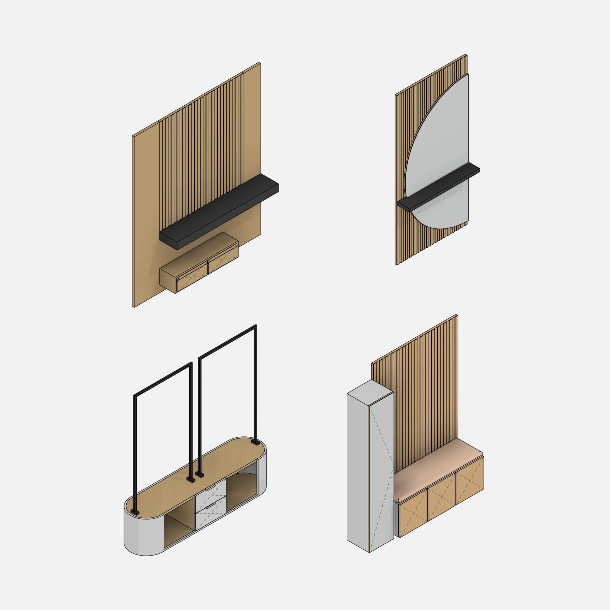Revit families of entrance furniture by Factory268 - Elements with milled panels, mirrors, and wardrobe racks