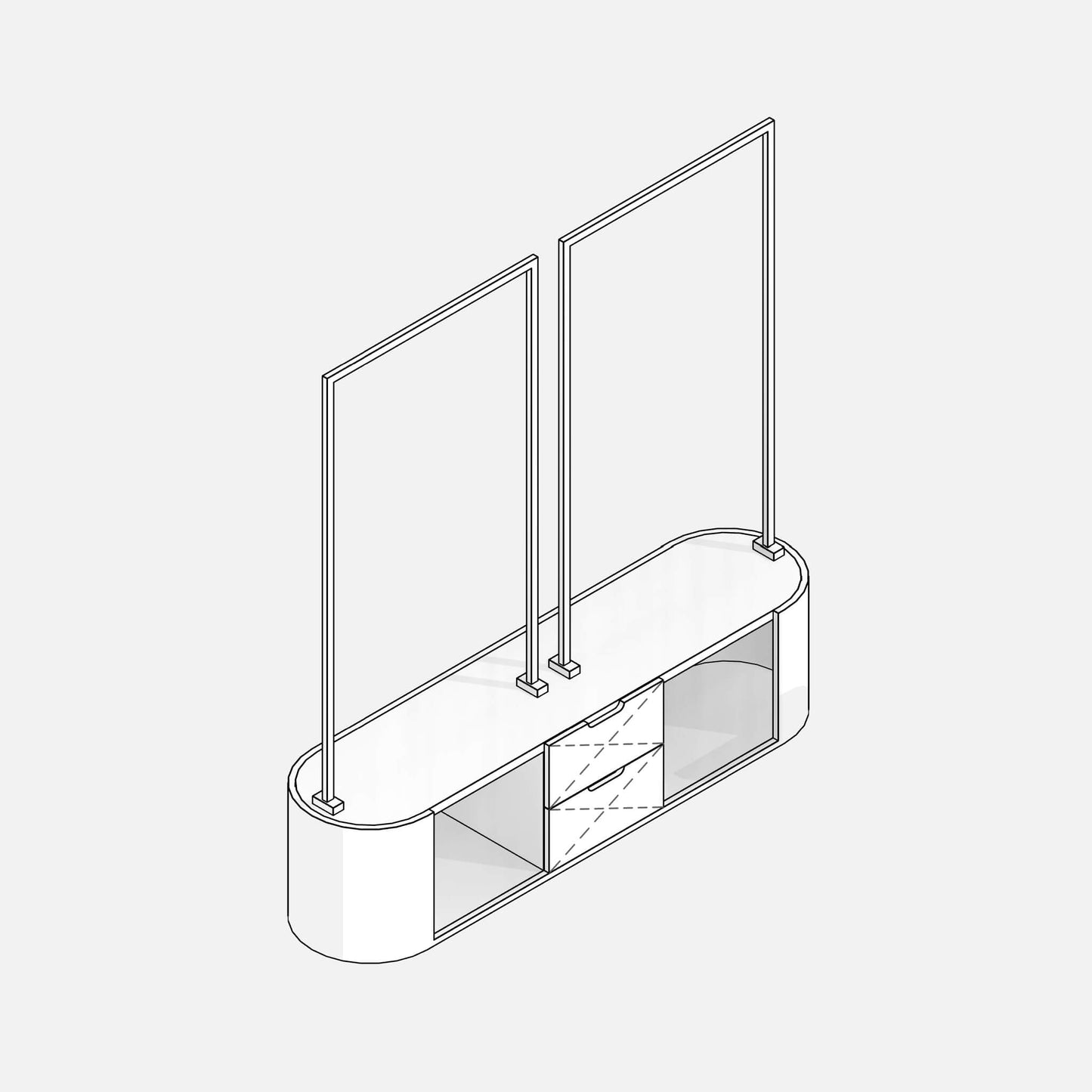 Entrance hall furniture with drawers and rack, symbolic drawer opening lines in 3D - Parametric Revit family by Factory268
