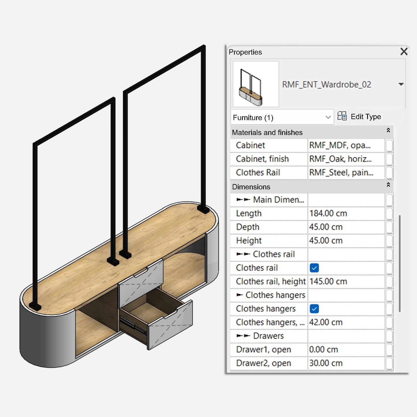 Entryway Cabinet with Drawers and Rack, Parameter Sheet - Revit Family - realistic view Factory268