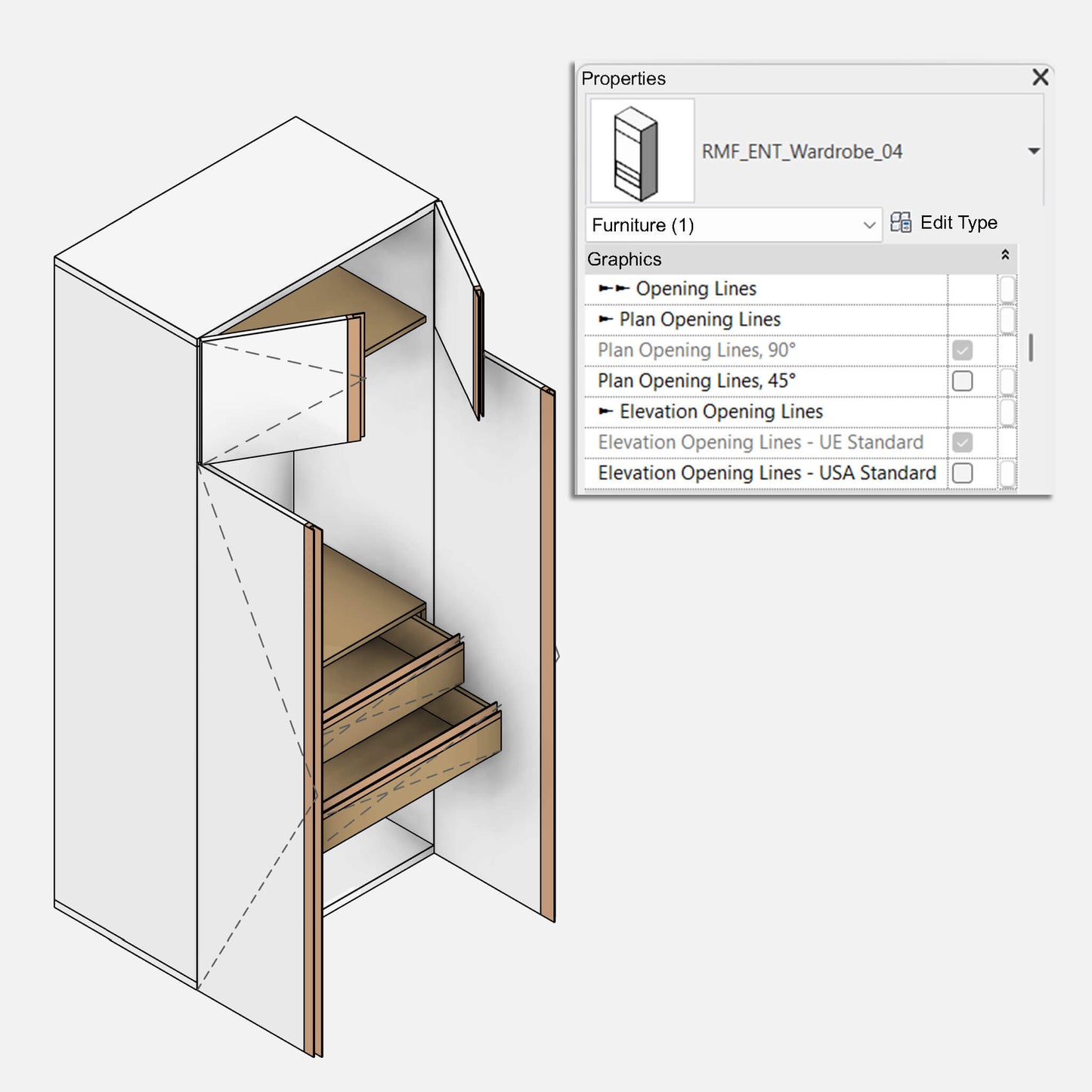 Parametric Revit family - wardrobe for the entrance, parameter tab by Factory268