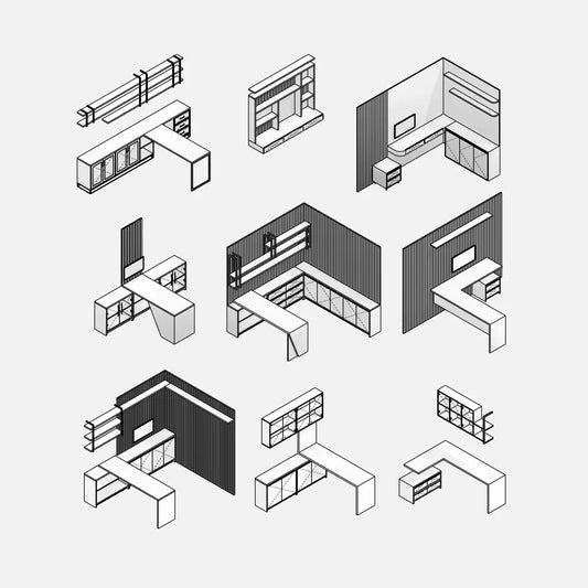 Preview of the 9 parametric Revit families in the "Home Office Workstations 01" package. Professional Revit families for architects and BIM managers. BIM objects for residential projects, with materials and dimensions editable via instance parameters. Hidden Lines view.