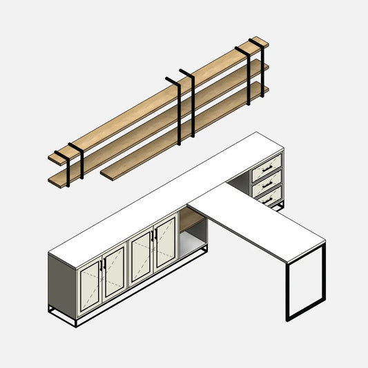 Preview of a parametric Revit workstation family. Workstation with a low shelf with drawers, doors, and open compartments, a metal-framed desk, and shelves with metal brackets. Realistic view.