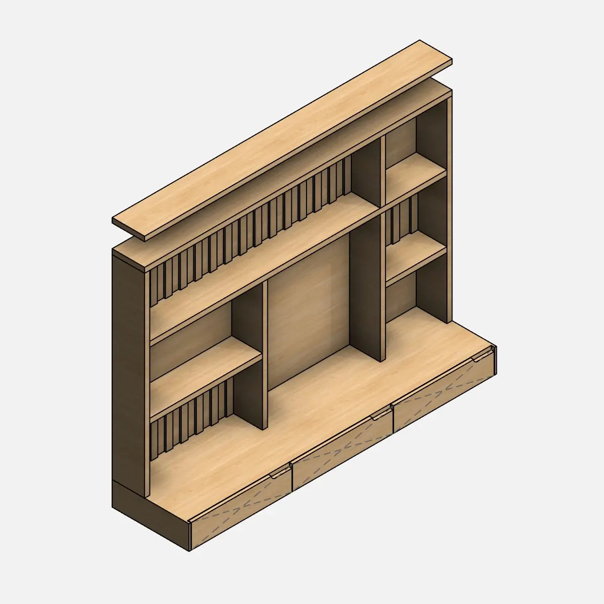 Preview of a parametric Revit workstation family. Workstation with a floating desk with three drawers, a wall-mounted shelf with shelves, and an interior with milled elements. Realistic view.
