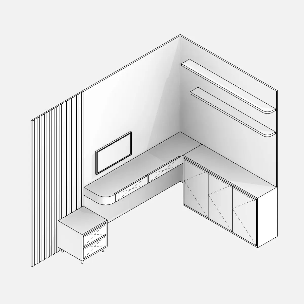 Preview of a parametric Revit family for a home office workstation, ideal for furnishing the living room as well. A desk with three drawers, a small drawer unit to the left of the desk, and a low cabinet with doors. The workstation is distributed on two sides, with a milled panel on the top. A TV is positioned above the desk, and two shelves are positioned next to the low shelf.