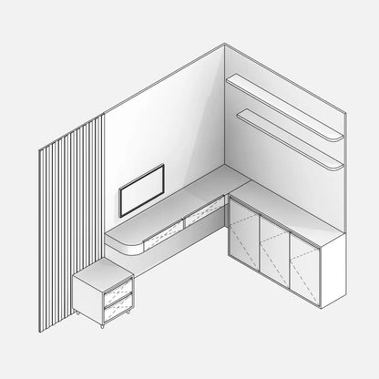 Preview of a parametric Revit family for a home office workstation, ideal for furnishing the living room as well. A desk with three drawers, a small drawer unit to the left of the desk, and a low cabinet with doors. The workstation is distributed on two sides, with a milled panel on the top. A TV is positioned above the desk, and two shelves are positioned next to the low shelf.