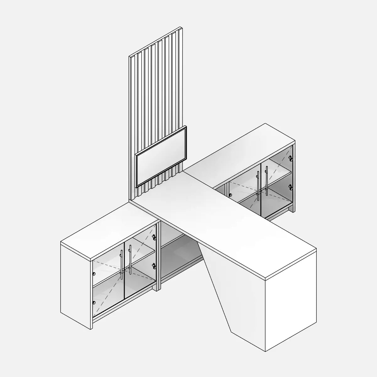 Preview of a parametric Revit family for a home office workstation, ideal for furnishing the living room as well. Low cabinet with four doors and an open central compartment. Desk arranged transversally above the central compartment. TV monitor positioned in the center with a milled panel distributed only where the TV is located. Hidden Lines View.