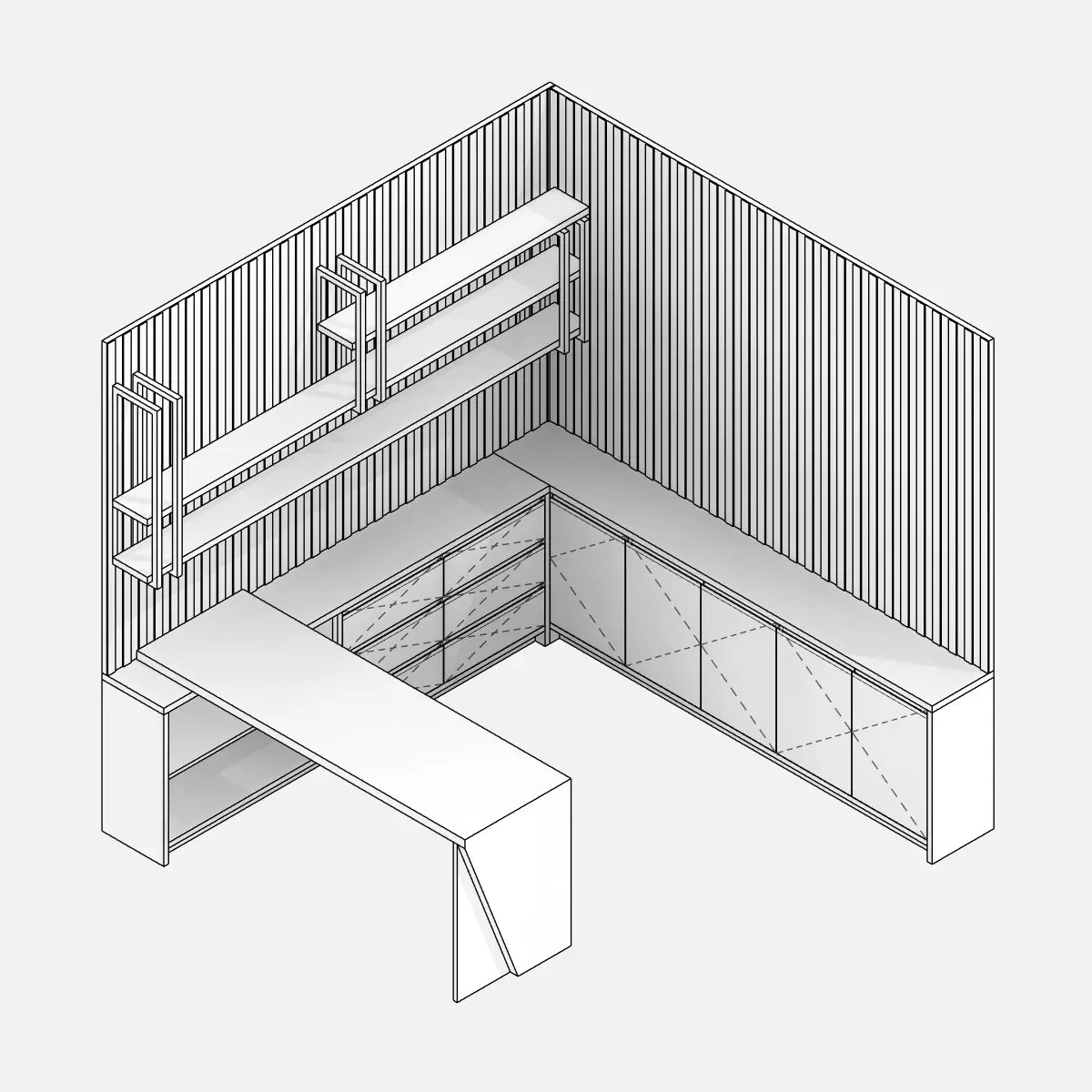 Preview of a parametric Revit family for a home office workstation, ideal for furnishing the living room as well.
The workstation is distributed on two sides. A low shelf with five doors on one side, a low shelf with six drawers and an open compartment on the other side. A desk and upper shelves match the side of the low shelf with the open compartment. Milled panels are distributed on both sides.