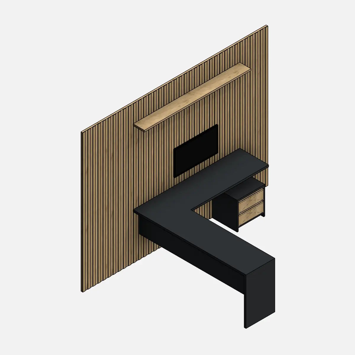 Preview of a parametric Revit family for a home office workstation, ideal for furnishing the living room as well. Desk with an L-shape, distributed on two sides. A low chest of drawers with two drawers and a TV on one side of the desk. A shelf above the TV. A slatted panel distributed on the TV side.
