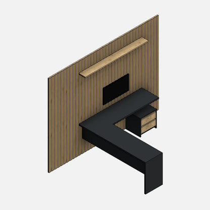 Preview of a parametric Revit family for a home office workstation, ideal for furnishing the living room as well. Desk with an L-shape, distributed on two sides. A low chest of drawers with two drawers and a TV on one side of the desk. A shelf above the TV. A slatted panel distributed on the TV side.