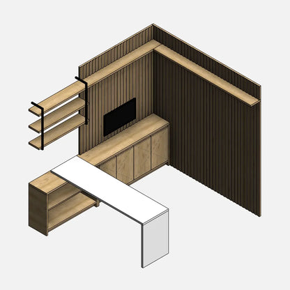 Preview of a parametric Revit family for a home office workstation, ideal for furnishing the living room as well.
Workstation distributed on two sides. Low cabinet with four doors and an open compartment on one side. Desk, TV, and upper shelves on the side of the low cabinet with the open compartment. A shelf on the other side. Slatted panels distributed on both sides.