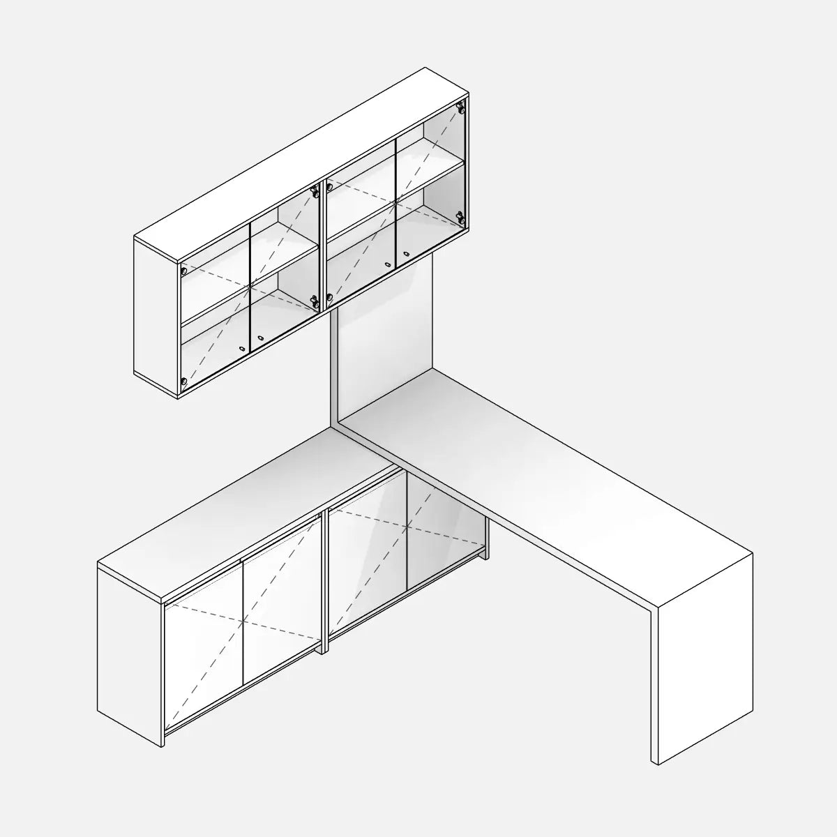 Preview of a parametric Revit family of a workstation that develops into an L-shape. On one side is the desk top, and on the other are two cabinets: a low wooden cabinet with four doors and an overhead glass cabinet with four doors. Professional Revit Family - Hidden Lines View