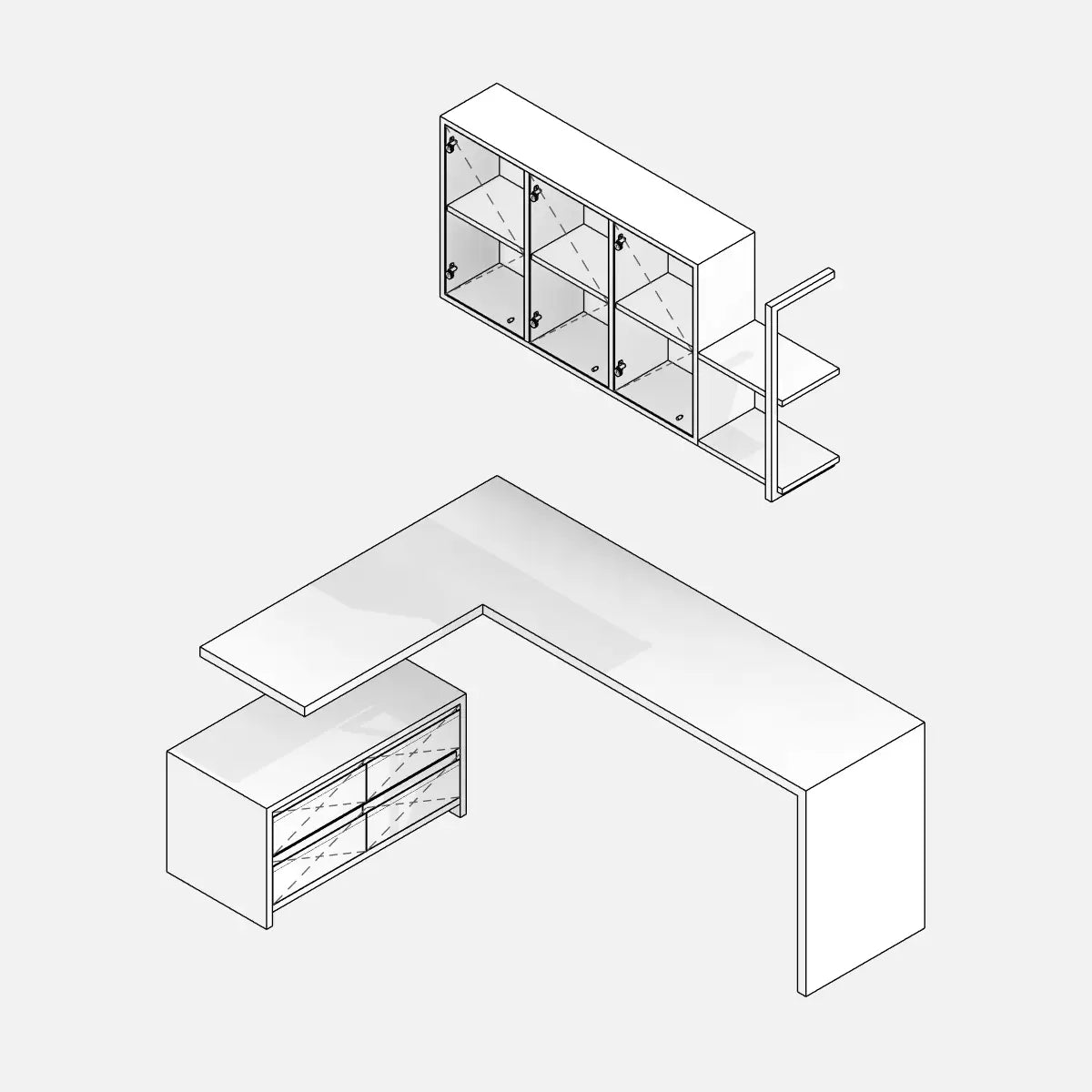 Preview of a parametric Revit family of a workstation that develops into an L-shape. On one side, a desk top and an overhead cabinet with three glass doors and shelves. On the other side, a drawers unit with four drawers. Professional Revit Family - Hidden Lines View