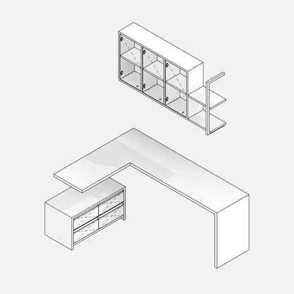 Preview of a parametric Revit family of a workstation that develops into an L-shape. On one side, a desk top and an overhead cabinet with three glass doors and shelves. On the other side, a drawers unit with four drawers. Professional Revit Family - Hidden Lines View