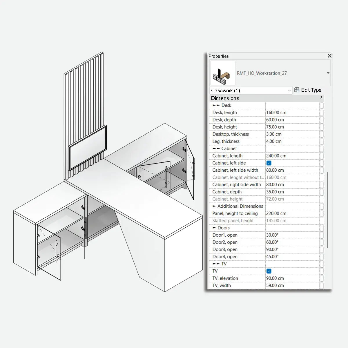 Preview of a parametric Revit family for a home office workstation, ideal for furnishing the living room as well. Low bookcase with four doors and an open central compartment. Desk arranged transversally above the central compartment. TV monitor positioned in the center with a milled panel distributed only above the TV.
Preview of the properties tab with instance parameters for modifying the dimensions.