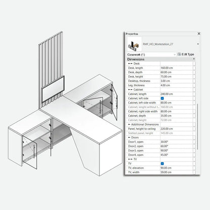 Preview of a parametric Revit family for a home office workstation, ideal for furnishing the living room as well. Low bookcase with four doors and an open central compartment. Desk arranged transversally above the central compartment. TV monitor positioned in the center with a milled panel distributed only above the TV.
Preview of the properties tab with instance parameters for modifying the dimensions.