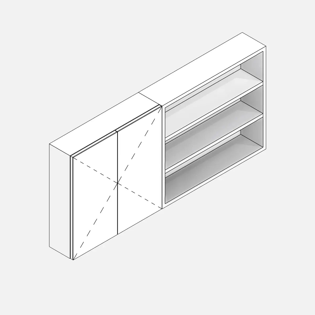 Parametric Revit family of a bathroom medicine cabinet. Side compartment with open shelves and two closed mirrored doors that conceal the internal shelves. Projection lines visible in 3D, with the apex of the triangle pointing toward the opening, according to the EU standard.
