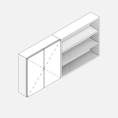 Parametric Revit family of a bathroom medicine cabinet. Side compartment with open shelves and two closed mirrored doors that conceal the internal shelves. Projection lines visible in 3D, with the apex of the triangle pointing toward the opening, according to the EU standard.