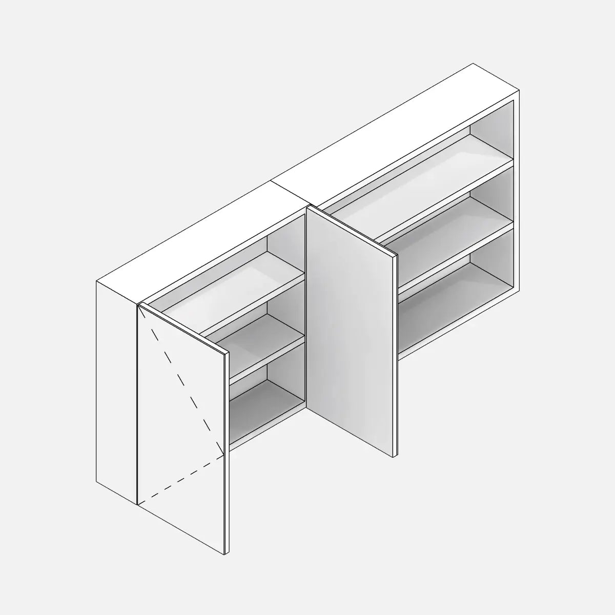 Parametric Revit family of a bathroom medicine cabinet. Side compartment with exposed shelves and two open mirrored doors revealing the internal shelves. Projection lines visible in 3D, with the apex of the triangle pointing toward the opening, according to the EU standard.