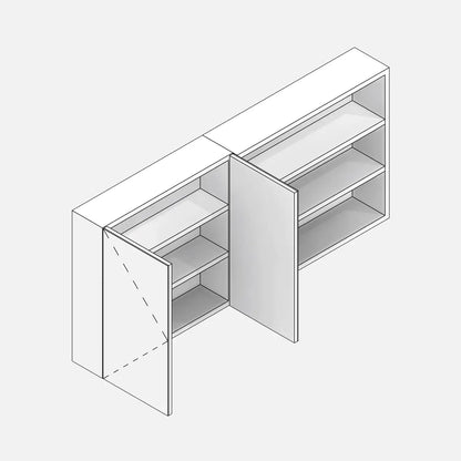 Parametric Revit family of a bathroom medicine cabinet. Side compartment with exposed shelves and two open mirrored doors revealing the internal shelves. Projection lines visible in 3D, with the apex of the triangle pointing toward the opening, according to the EU standard.
