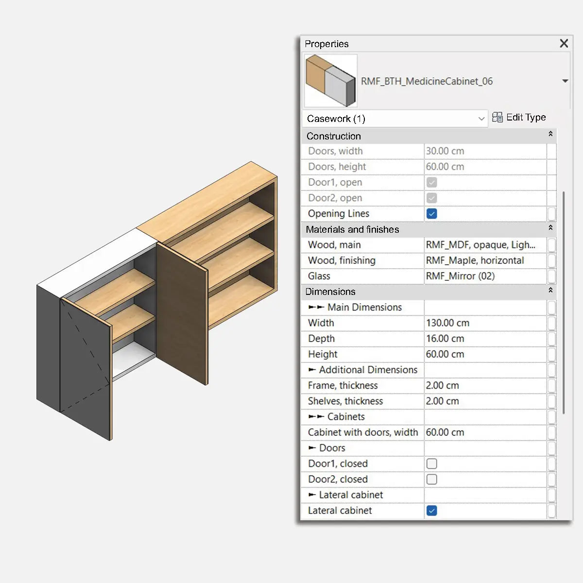 Parametric Revit family of a bathroom medicine cabinet. Side compartment with exposed shelves and two open mirrored doors revealing the internal shelves. Projection lines visible in 3D, with the triangle vertex pointing toward the opening according to the EU standard. Properties tab with instance parameters for modifying materials and dimensions.
