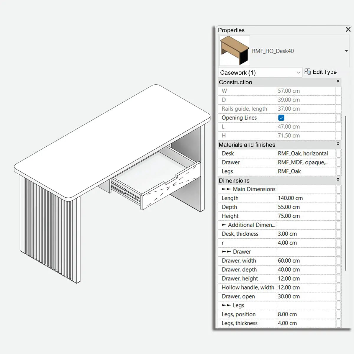 Parametric Revit family, rectangular desk with chamfered corners and a central drawer, solid legs with a milled panel. Properties tab with instance parameters for modifying materials and dimensions.