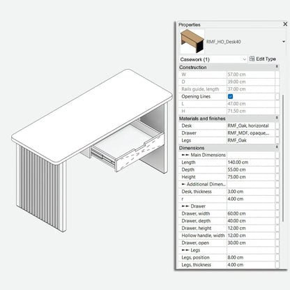 Parametric Revit family, rectangular desk with chamfered corners and a central drawer, solid legs with a milled panel. Properties tab with instance parameters for modifying materials and dimensions.