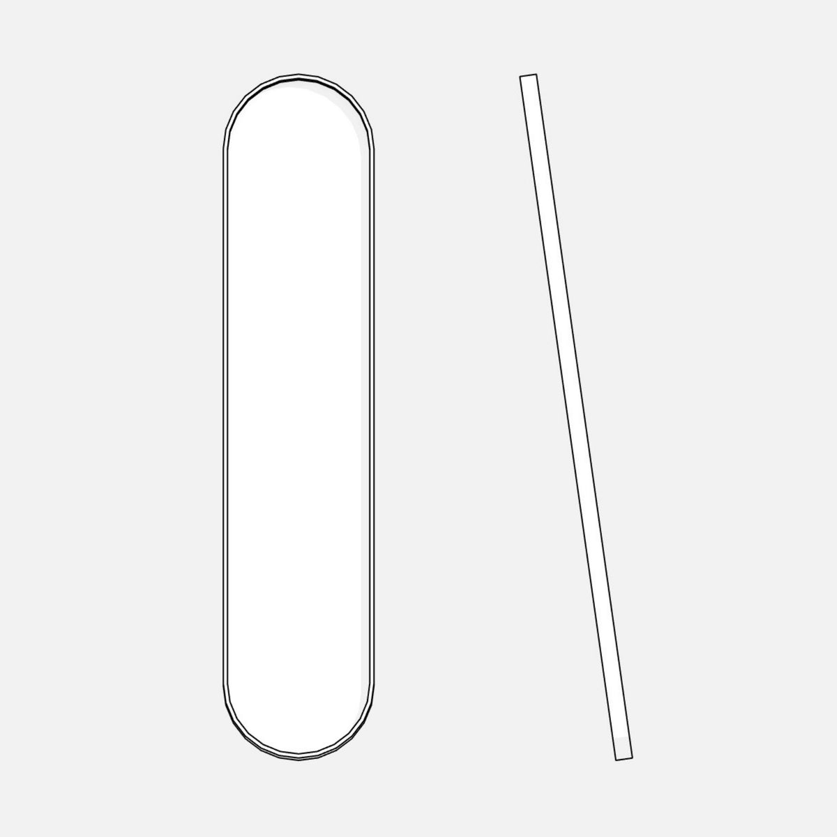 Front and side view of a parametric mirror; elongated shape, rounded ends, tilted.