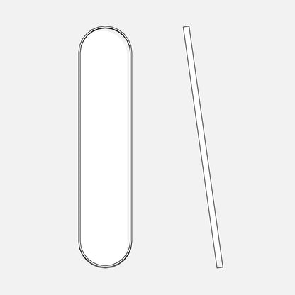 Front and side view of a parametric mirror; elongated shape, rounded ends, tilted.