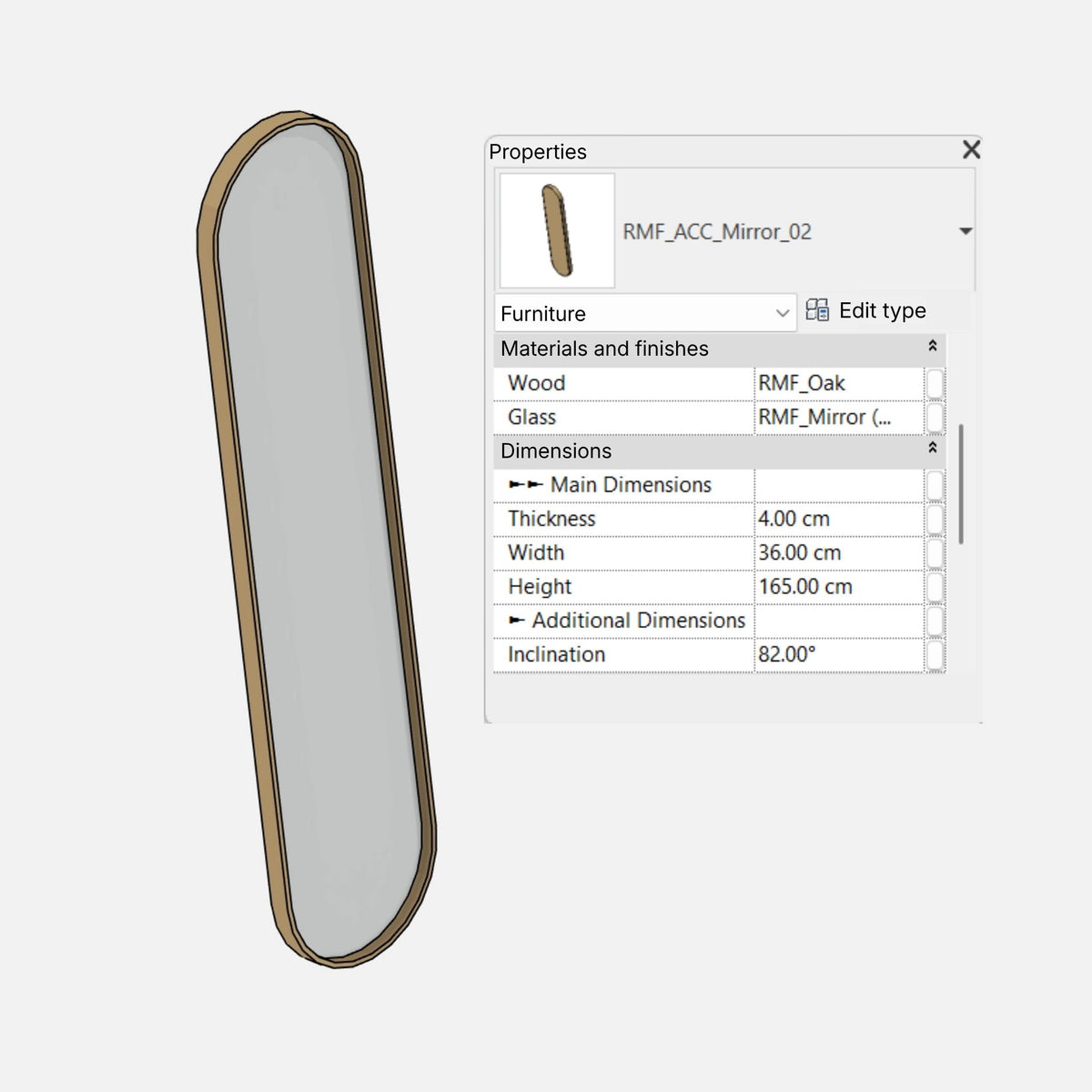 Parametric mirror shown in a 3D "consistent colors" view, with the Properties palette displaying parameters for materials and dimensions. Height is measured from the floor level, along with an angle of inclination.