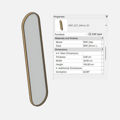 Parametric mirror shown in a 3D "consistent colors" view, with the Properties palette displaying parameters for materials and dimensions. Height is measured from the floor level, along with an angle of inclination.