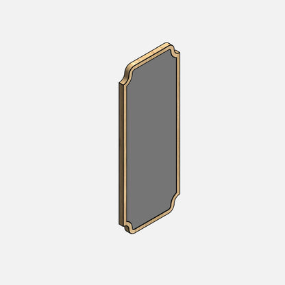 Parametric mirror with classic shaped profile and concave corners, oak frame, 3D view.