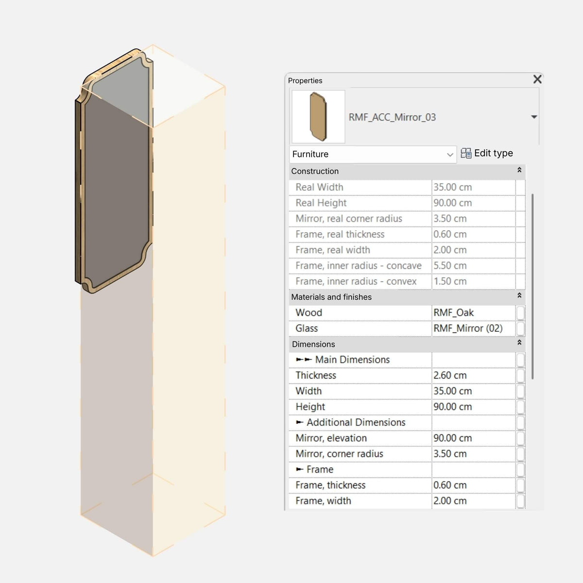 Parametric mirror with clearance volume in 3D and Properties palette showing Construction and Dimensions parameters. Clearance Volume height 180 cm, measured from floor level.
