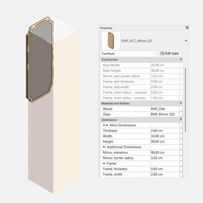 Parametric mirror with clearance volume in 3D and Properties palette showing Construction and Dimensions parameters. Clearance Volume height 180 cm, measured from floor level.